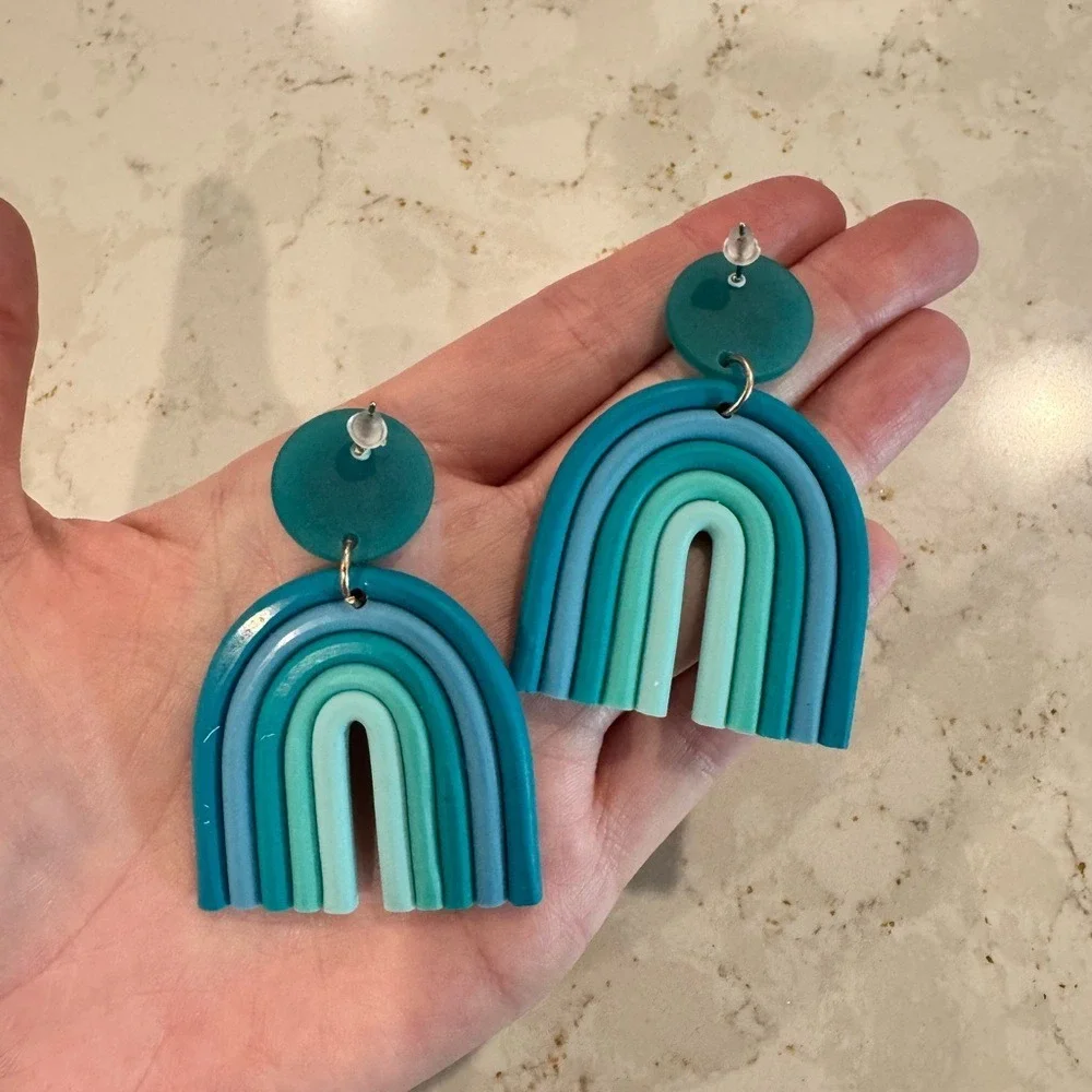 Teal Blue Feminine Colorful Rainbow Statement Earrings Boho Polymer Clay‎ Dangle